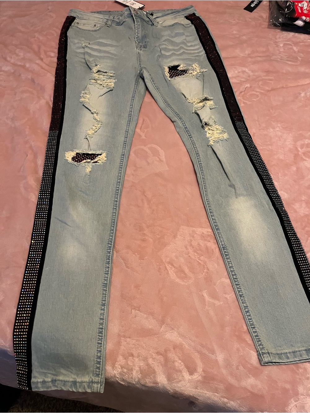 DNT Light Wash Skinny Jeans with Black Rhinestone Side Stripes